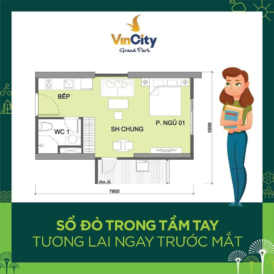 Mặt bằng căn hộ Vincity Grand Park 1 phòng ngủ