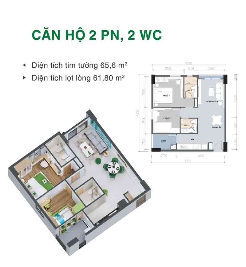 Mặt bằng căn hộ 2 phòng ngủ 2 WC