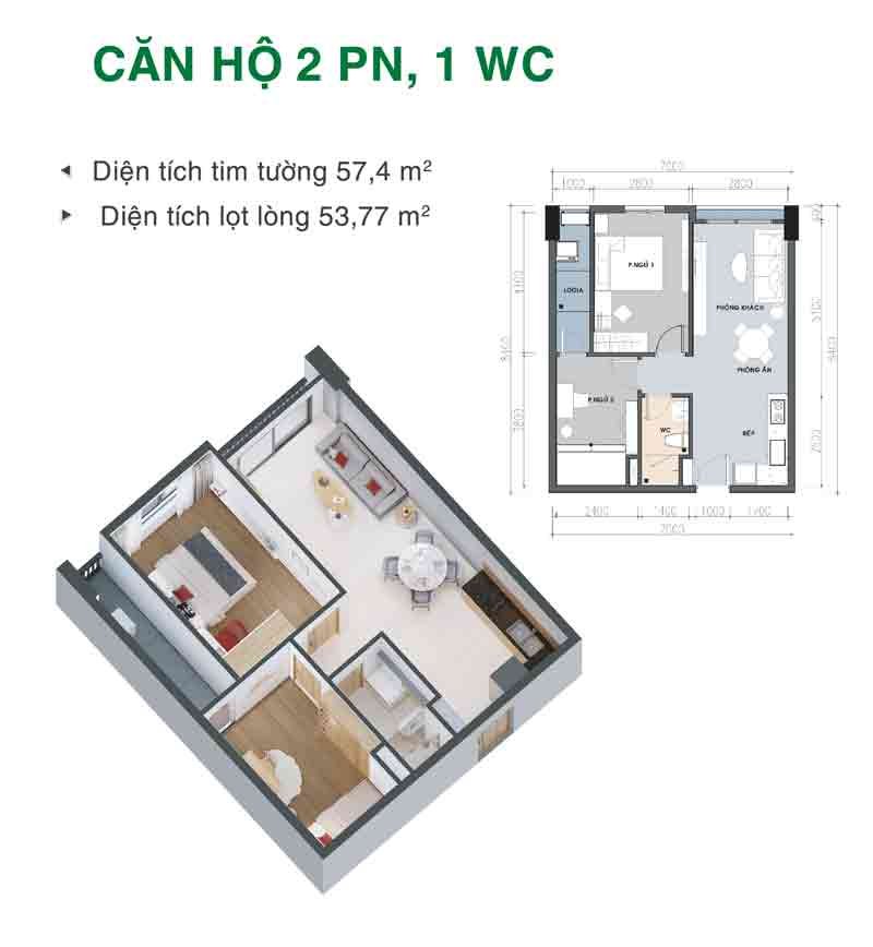 Mặt bằng căn hộ 2 phòng ngủ 1 WC
