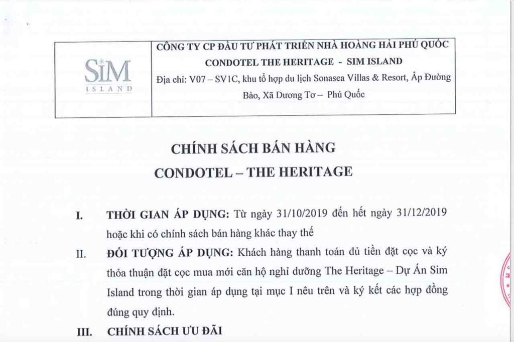 Chính sách bán hàng Condotel The Heritage