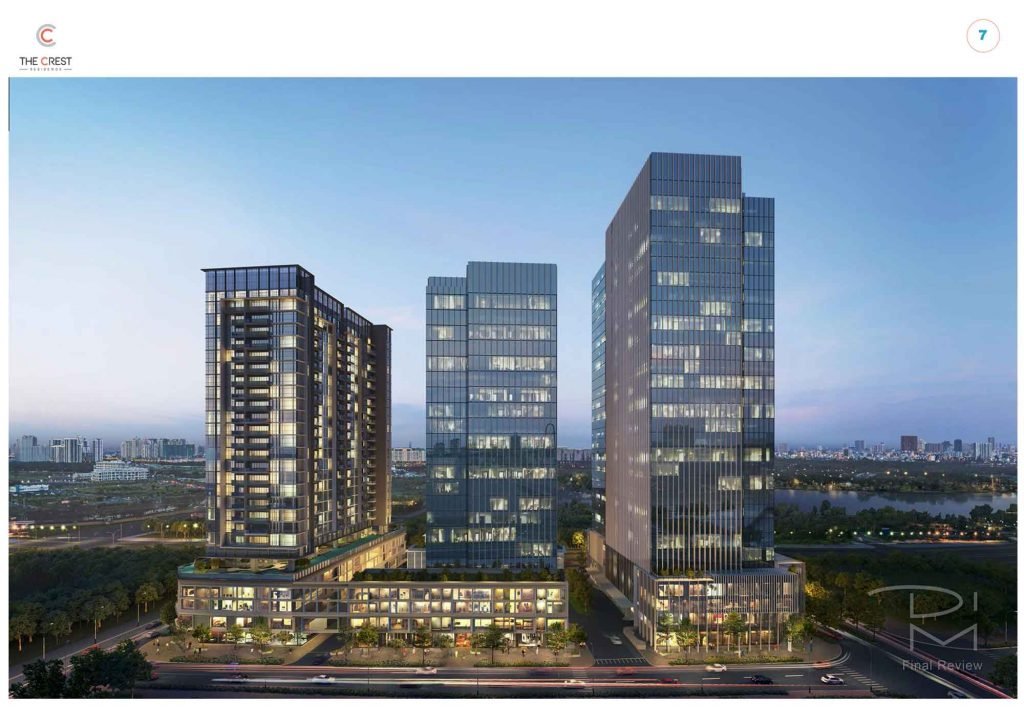Hình phối cảnh 1tòa tháp căn hộ và  2 tòa tháp văn phòng The Crest Office