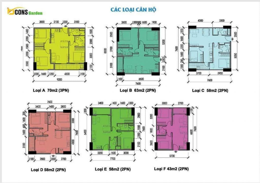 Các loại diện tích căn hộ Bcons Garden 1 2 3 phòng ngủ
