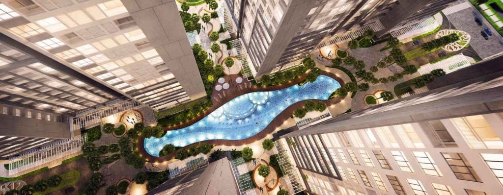 Hình căn hộ Park Hill Premium nhìn từ trên cao xuống hồ bơi