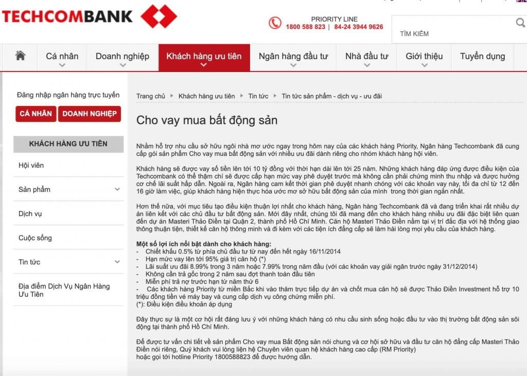 Thông báo chính sách cho vay vốn mua căn hộ Masteri Thảo Điền trên trang chủ ngân hàng Techcombank