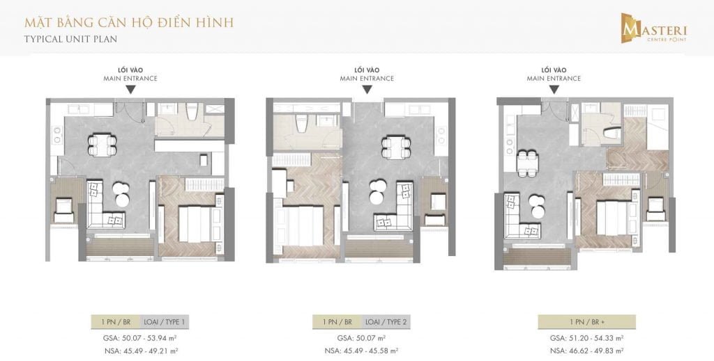 Mặt bằng căn hộ điển hình 1 phòng ngủ