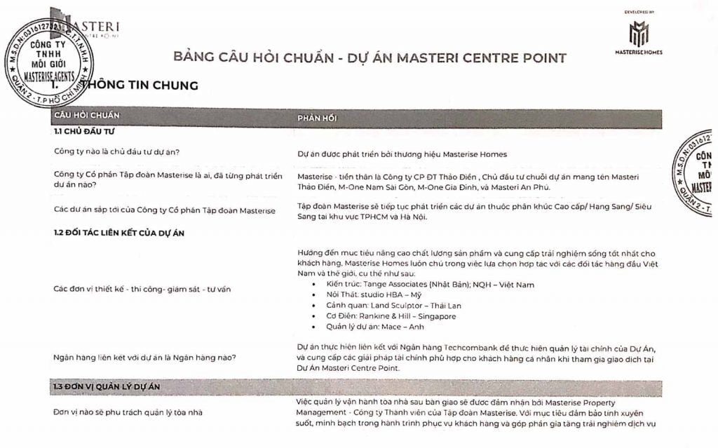 Bộ câu hỏi và trả lời về Văn bản thỏa thuận Masteri Centre Point