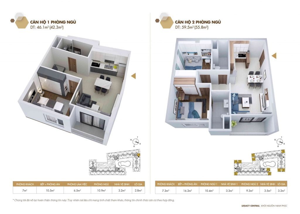 Mặt bằng căn hộ 1 và 2 phòng ngủ