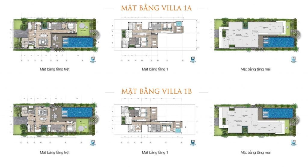Mặt bằng villa 1A và 1B cùng diện tích và đối xứng nhau