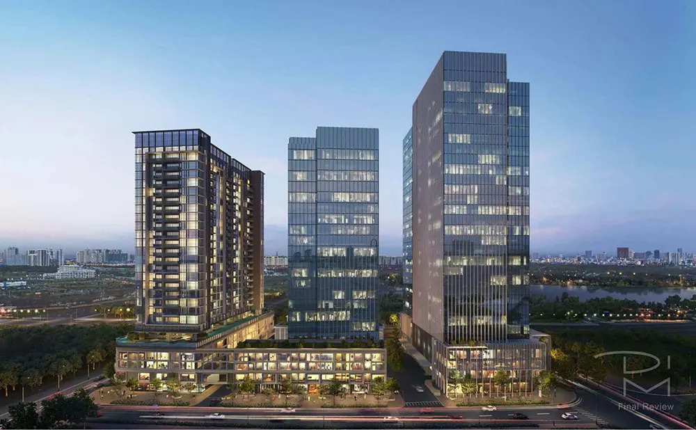 Hình phối cảnh The Crest Residence với 1 toà tháp căn hộ và 2 toà tháp văn phòng