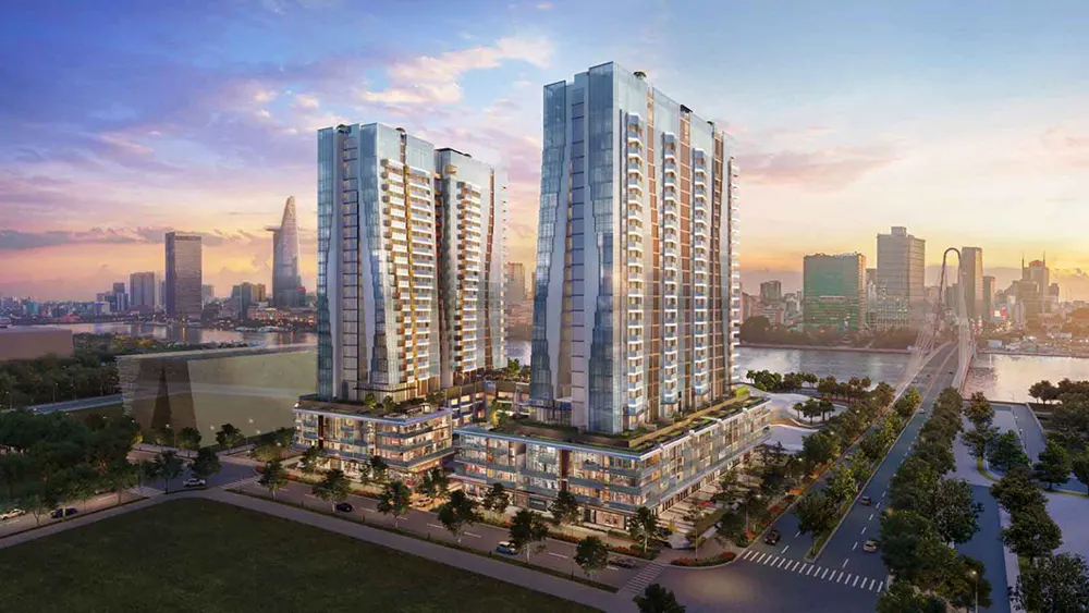Hình ảnh 2 toà tháp căn hộ The Opera Residence nằm ngay chân cầu Thủ Thiêm 2