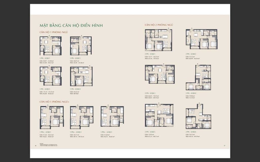 Mặt bằng căn hộ 1 phòng ngủ, 1 phòng ngủ + và 2 phòng ngủ