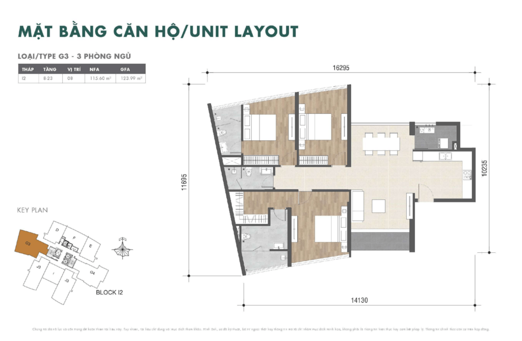 Mặt bằng căn hộ 3 phòng ngủ TYPE G3