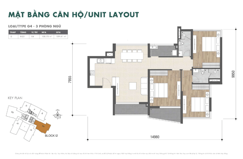 Mặt bằng căn hộ 3 phòng ngủ TYPE G4