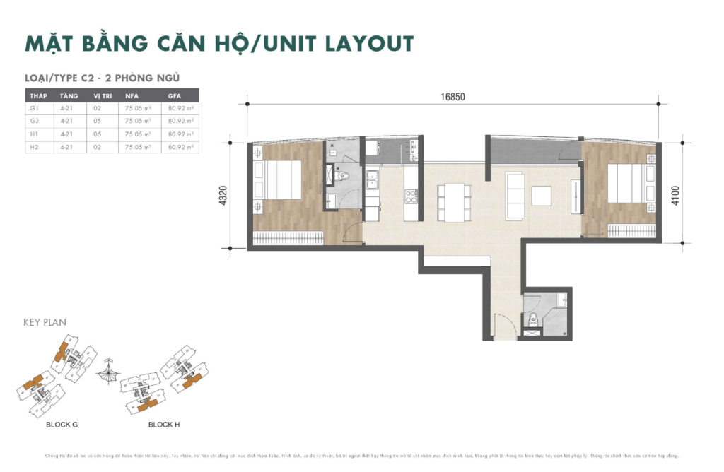 Mặt bằng căn hộ 2 phòng ngủ TYPE C2