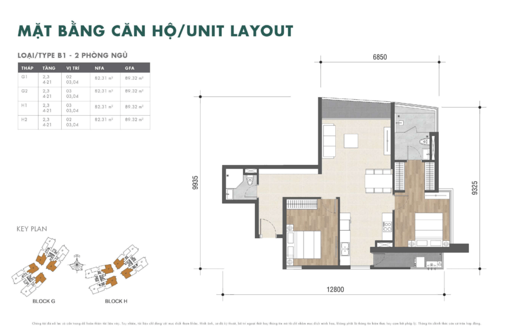 Mặt bằng căn hộ 2 phòng ngủ TYPE B1