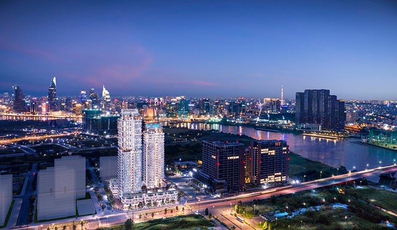 Hình phối cảnh 2 toà tháp căn hộ Thủ Thiêm Zeit River cho thuê