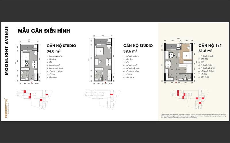 Mặt bằng căn hộ Studio và 1 phòng ngủ