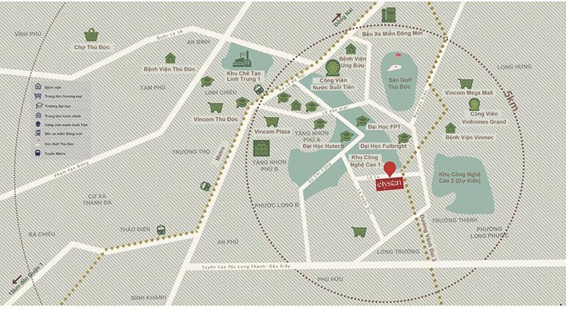 Bản đồ vị trí dự án Elysian tại trung tâm thành phố Thủ Đức