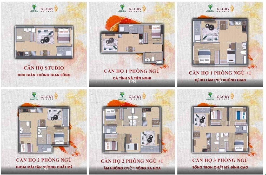 Mặ bằng căn hộ 1 2 3 phòng ngủ