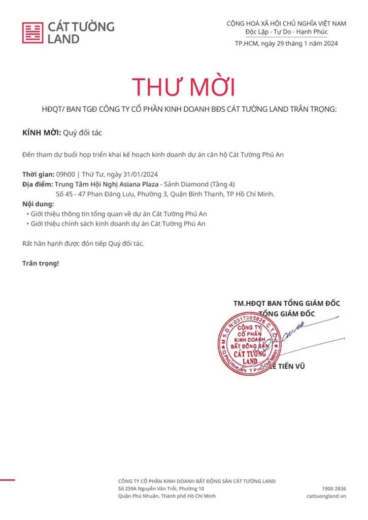 Thư mời họp triển khai kế hoạch kinh doanh dự án căn hộ Cát Tường Phú An
