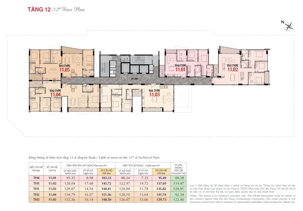 Tầng 12 có 5 căn hộ penthouse có diện tích lớn từ 3-4 phòng ngủ