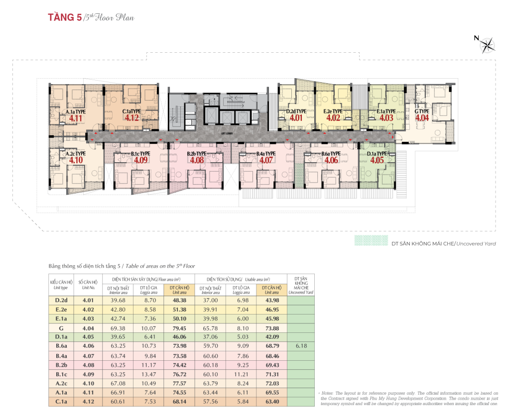 Mặt bằng tầng 5 có 12 căn hộ 1 và 2 phòng ngủ