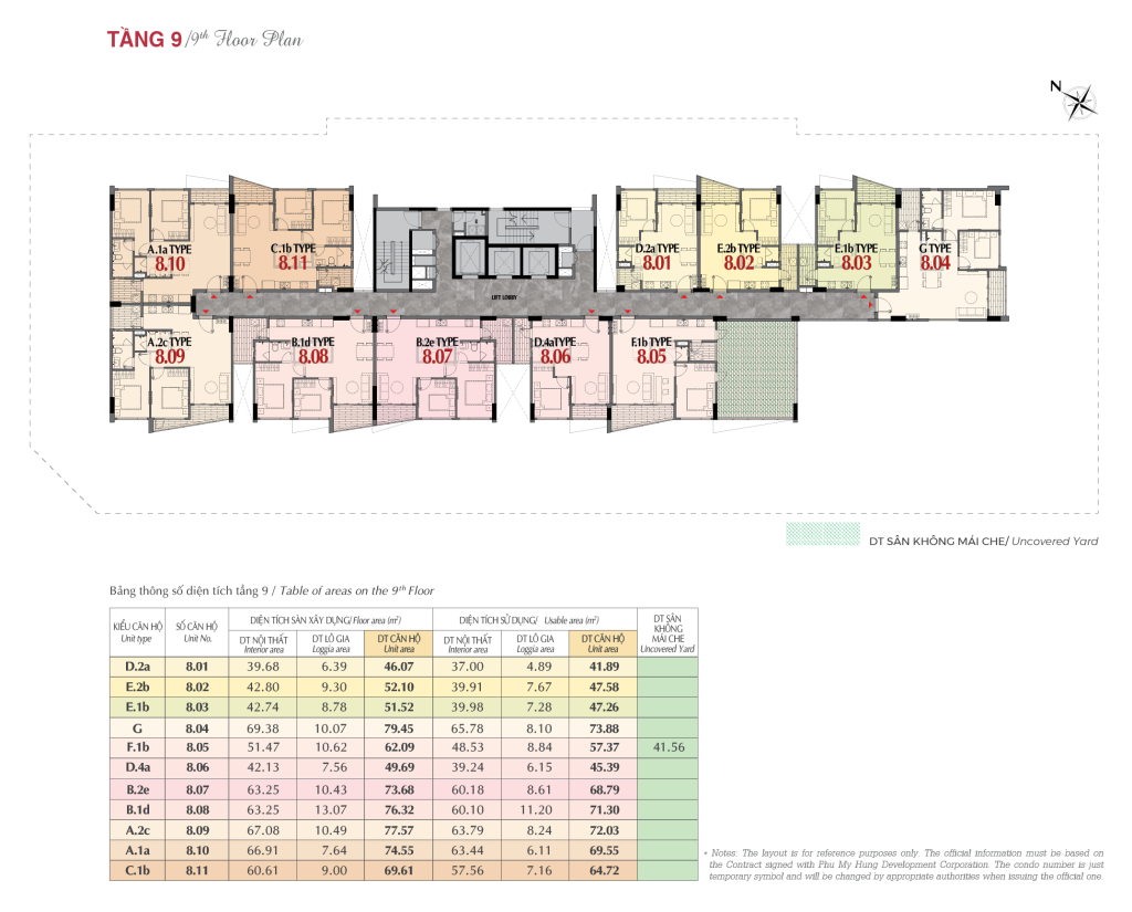 Tầng 9 có 11 căn hộ với các loại diện tích khác nhau